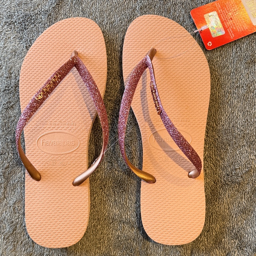 Havaianas Light Pink Flip Flops with Pink Glitter Straps